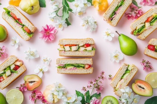 Spring-inspired graphic layouts depicting fresh sandwiches surrounded by colorful flowers and fruits