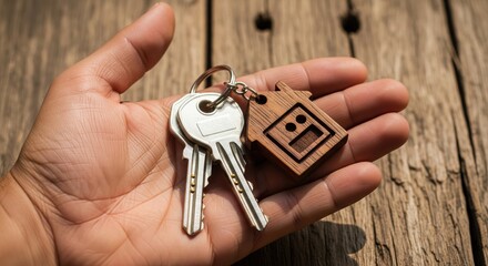 Keys and Wooden Surface. An open human hand holds a set of keys. There are three silver-colored keys on a keyring, and one small, heart-shaped key.

