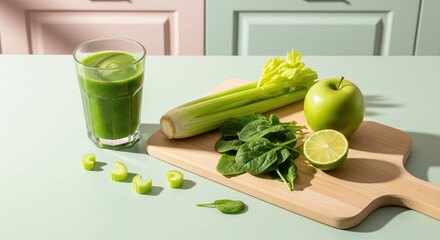  Green Smoothie Ingredients. A glass of vibrant green smoothie is placed alongside its fresh ingredients: a stalk of celery, a green apple, spinach, and half a lime. 