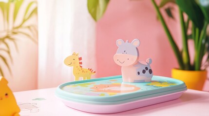 A colorful children’s scale with cartoon animal design placed in a bright room solid soft pink background playful and educational design ideal for early learning