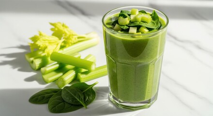  Green Smoothie Ingredients. A glass of vibrant green smoothie is placed alongside its fresh ingredients: a stalk of celery, a green apple, spinach, and half a lime. 
