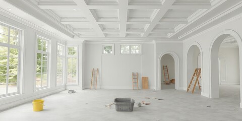 Spacious interior remodeling showcases an empty, elegant room with ladders, paint supplies, arches and bright natural light.