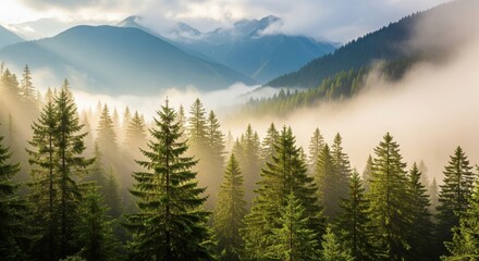 Misty Mountain Forest. A breathtaking view of a dense forest, with tall evergreen trees shrouded in mist and fog. The mountains rise in the background, partially obscured by the atmospheric haze. 