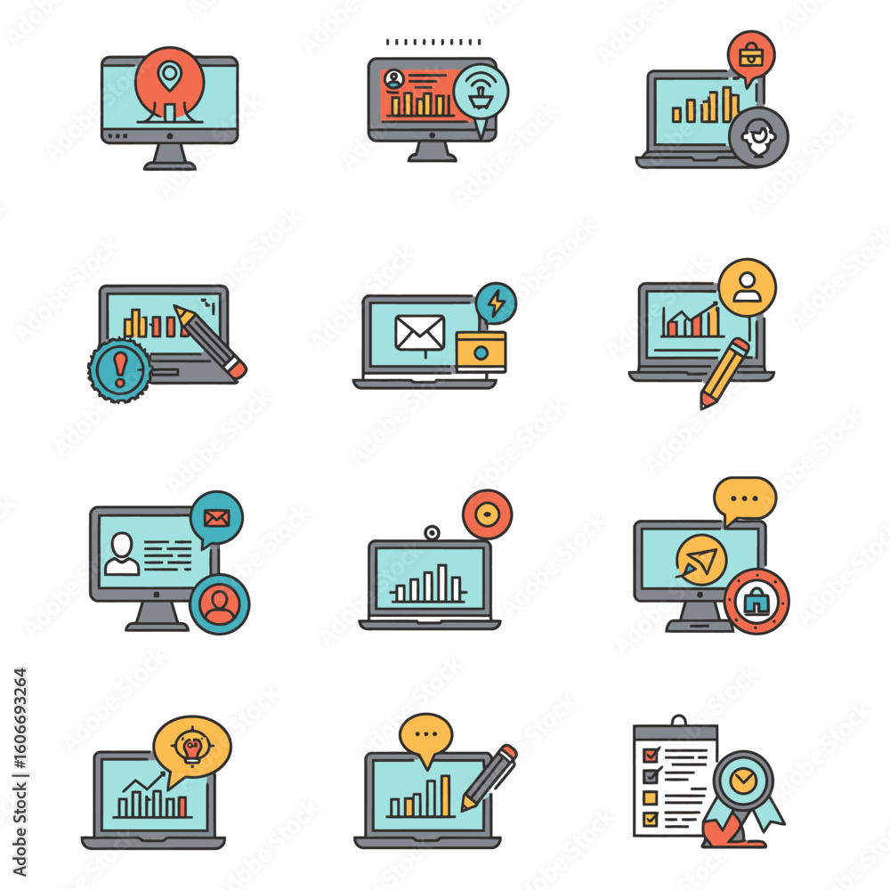Poster set of flat line style business and technology icons on computers and laptops