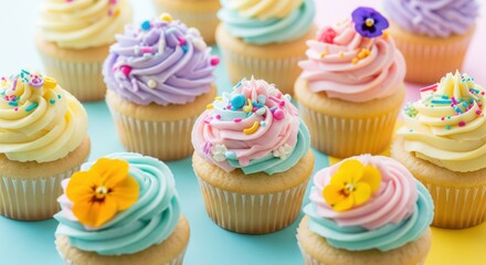 Pastel Cupcakes with Floral Decorations. A collection of beautifully decorated cupcakes with pastel-colored frosting. The cupcakes are topped with a variety of edible decorations