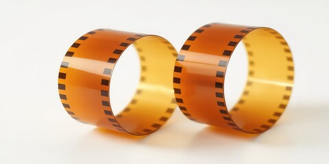 Analog memories Rolled film strips in warm amber tones suggest photographic records and visual storytelling on bright surface