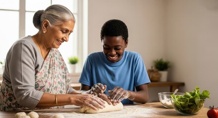 Baking Together: Grandmother and Grandson Cooking.  A heartwarming image of an elderly woman and a young man baking together in a kitchen. The woman, wearing a traditional garment 