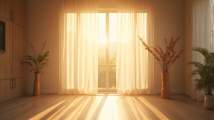 soft sunlight in room. sheer curtains glowing. ultra realistic interior lighting. bright airy spaces in home.