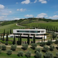 Obraz premium Aerial view of a modern white building with large glass windows on a lush green hillside in Tuscany, Italy, during a sunny summer afternoon.