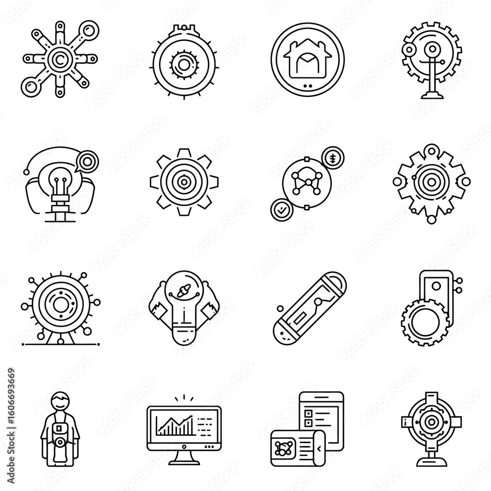 Poster collection of black and white line art icons representing various concepts