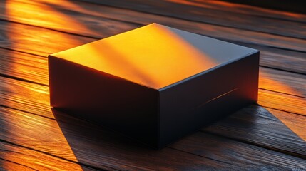 Dark square box on wooden planks, bathed in warm sunlight
