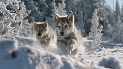 of lively wolf pups leaping and rolling in a snowy clearing, framed by frosted trees and highlighted by natural winter light 