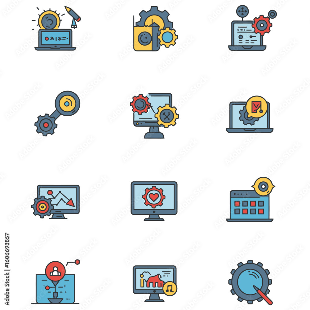 Poster collection of colorful flat design web development icons