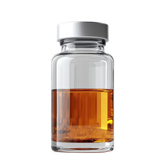 Glass medical bottle with liquid isolated on transparent background.