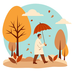 Autumn Man in raincoat with umbrella under falling leaves walking in fall park. Autumnal landscape with colorful trees. Vector illustration. Not AI.