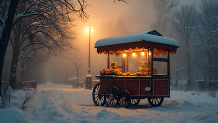 steam rising from food vendor cart. winter street food vendors. hot food on cold days. winter food cart experience.