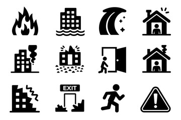 Disaster and Emergency Icons Set. Fire, Flood, Tsunami, Earthquake, Evacuation, Exit Sign, Running Person, and Warning Sign, Safety and Rescue Vector