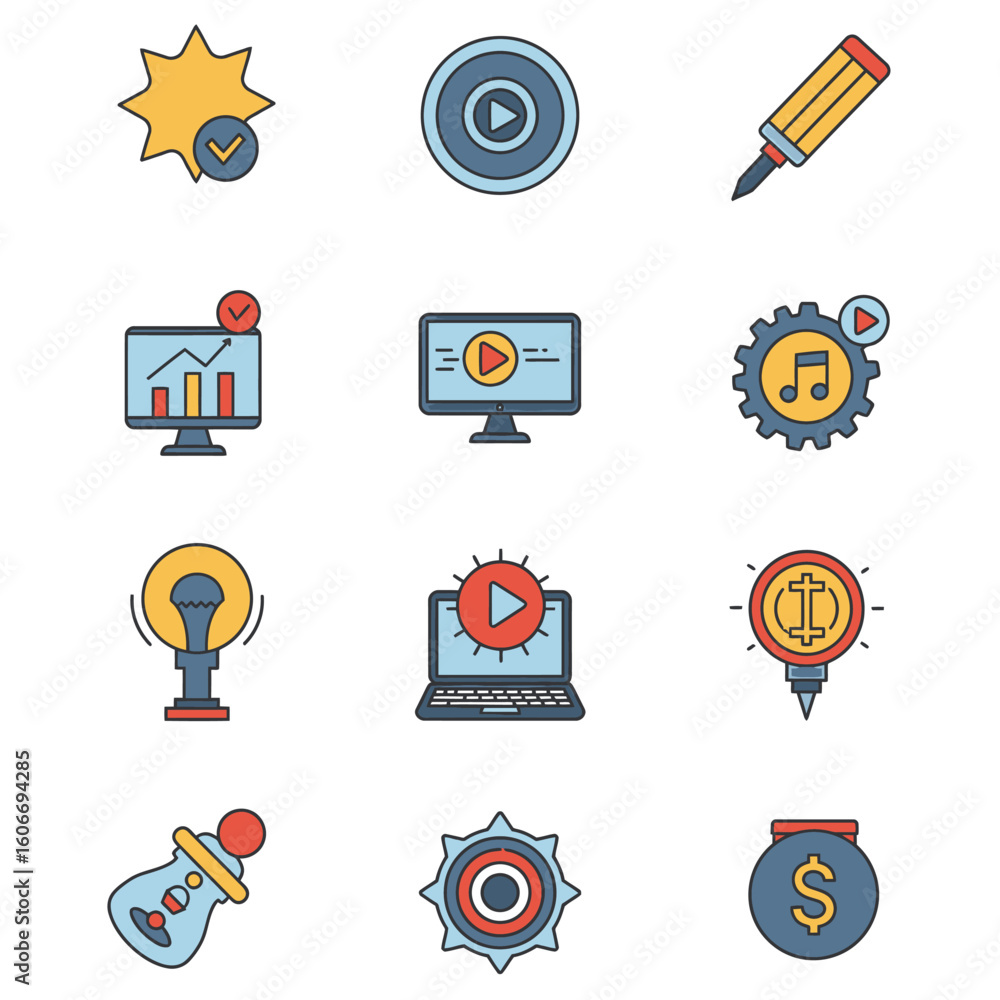 Poster collection of twelve colorful flat design icons representing various business concepts.