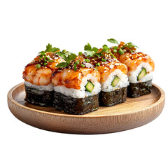 Delicately crafted shrimp nigiri sushi beautifully presented on a natural bamboo plate with fresh herbs and vibrant colors creating a visually striking culinary display