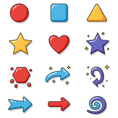 Colorful Cartoon Geometric Shapes and Arrows with Black Outlines Illustration.