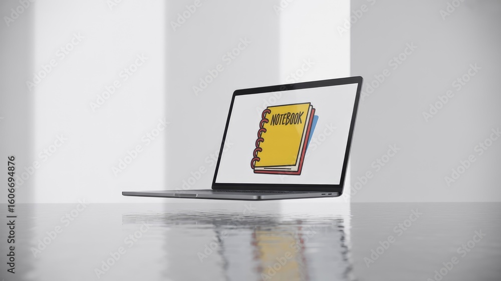 Poster digital notebook icon on laptop screen with reflection