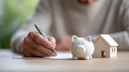 Senior woman is signing a home purchase agreement after using savings from her piggy bank, highlighting financial planning for homeownership in retirement