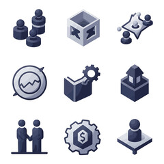 Isometric Business Icons Set Teamwork Strategy Finance and Growth.