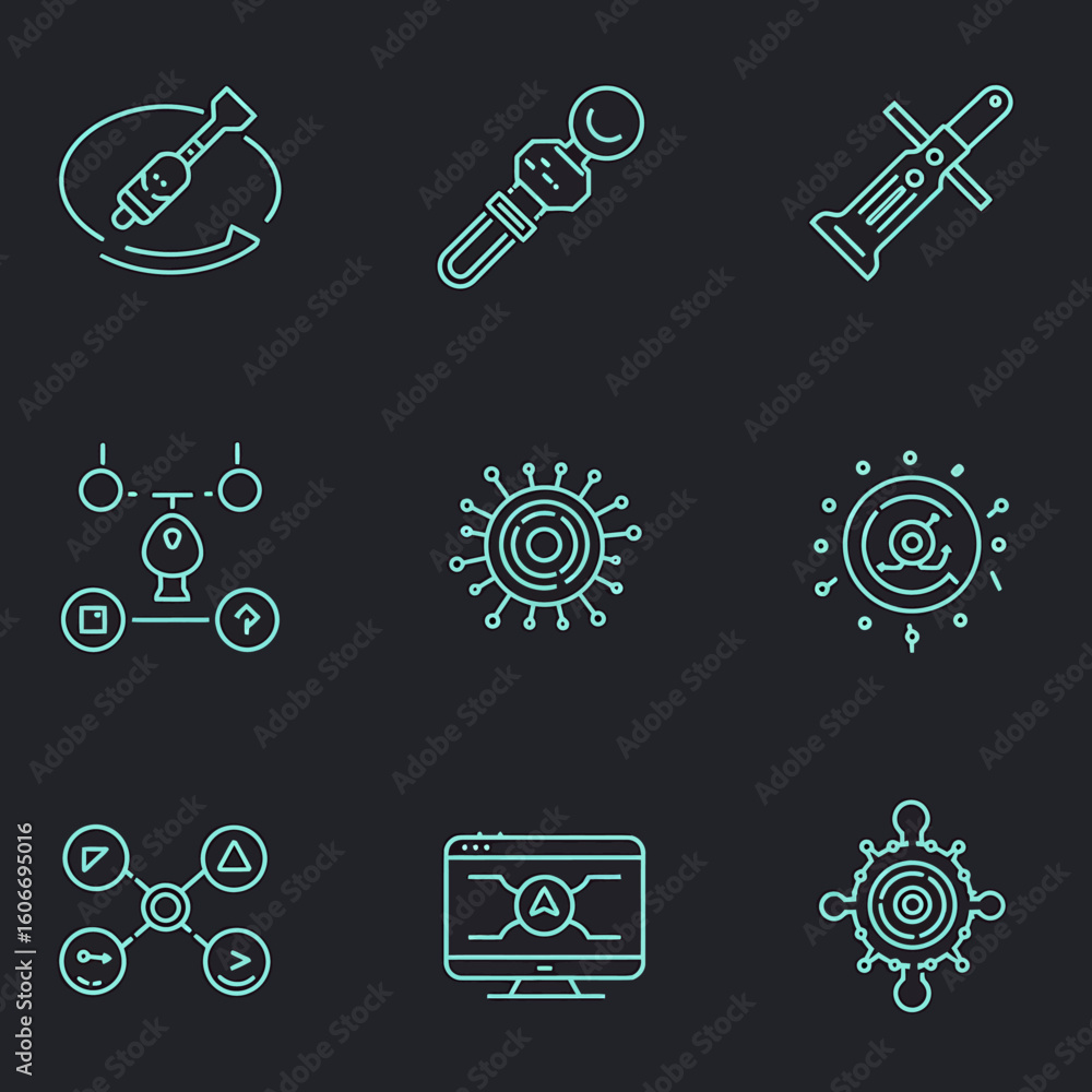 Poster modern computer monitor with futuristic interface and a symbol.