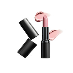 A photograph showcasing a stylized cosmetic lipstick tube in a pink shade isolated against a clean white background with a minimalist professional studio setting