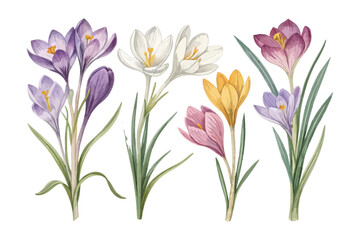 set of watercolor Crocus Branch vector illustration isolated on white background