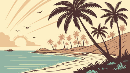 Fototapeta premium Retro tropical beach landscape with palm trees sunset and ocean view vector illustration for travel poster