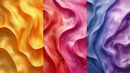 Three vertically adjacent wavy surfaces in golden, crimson, and violet hues with scattered water droplets