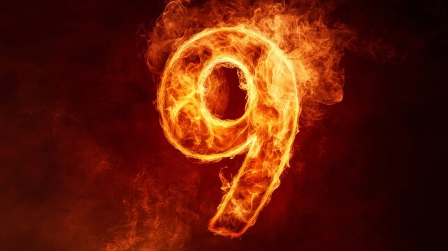 A fiery number 9 created with dynamic flames and smoke effects placed on a solid dark red background intense energy and heat vivid orange and yellow tones dramatic and powerful mood with motion blur - Powered by Adobe