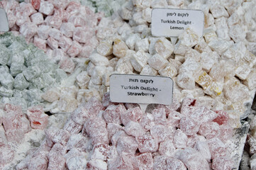 Variety of Turkish Delight, a candy sweet consisting of chopped dates, pistachios, hazelnuts or...