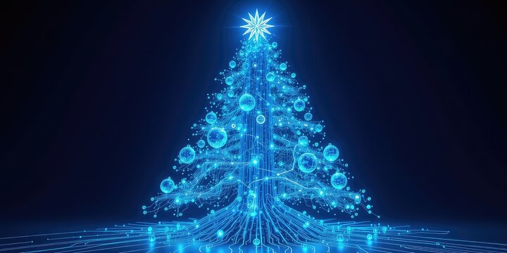 Illuminated christmas tree created from glowing circuit board designs on a reflective surface with a star topper on a dark background - Powered by Adobe