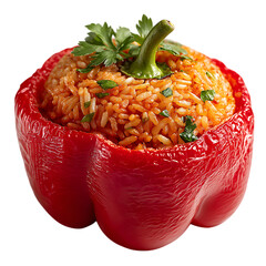 On transparent background a closeup studio shot of a red bell pepper stuffed with savory rice and garnished with