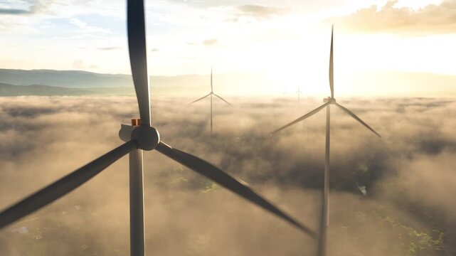 Aerial drone view of wind turbine above a misty community at sunrise. concept for green technology, community integration, and a hopeful future.