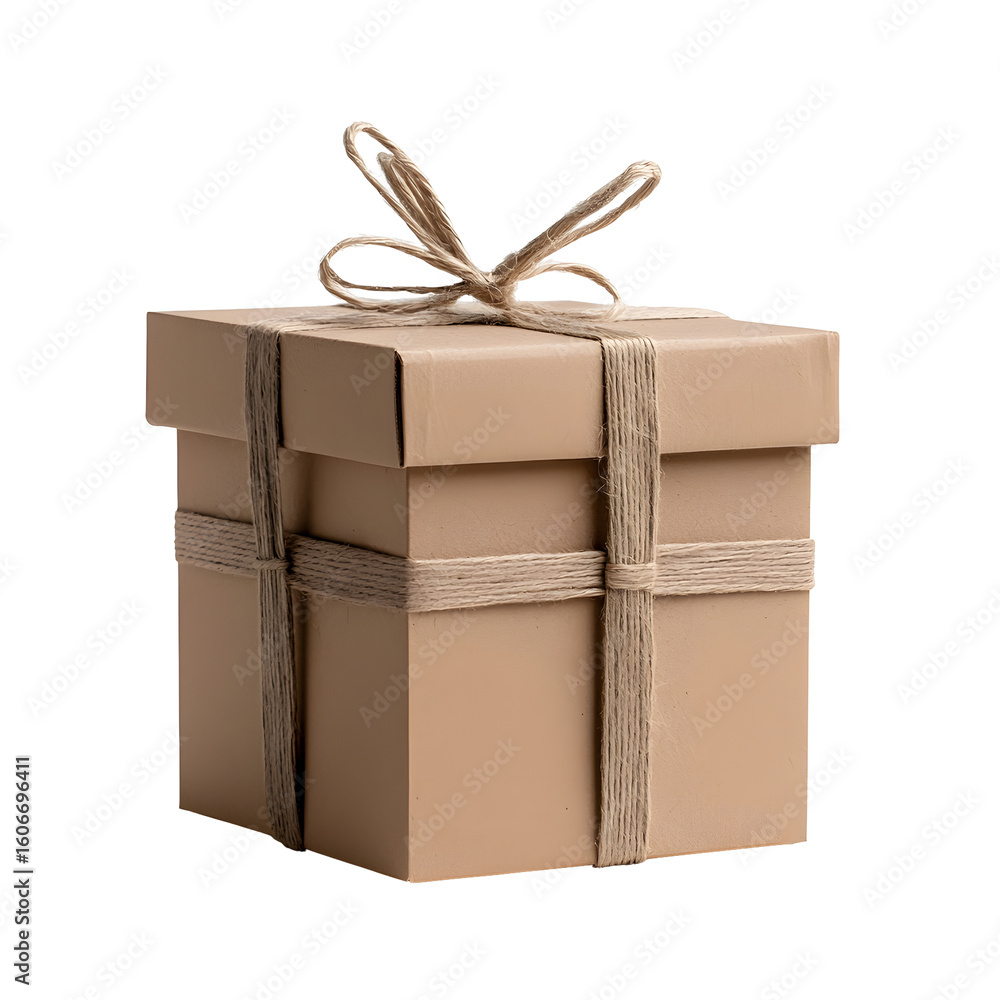 Poster closeup of a simple minimalist cardboard gift box wrapped with brown string in a bow isolated on a c