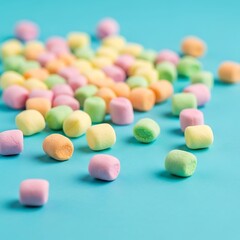 Colorful marshmallow candies scattered on a vibrant background.