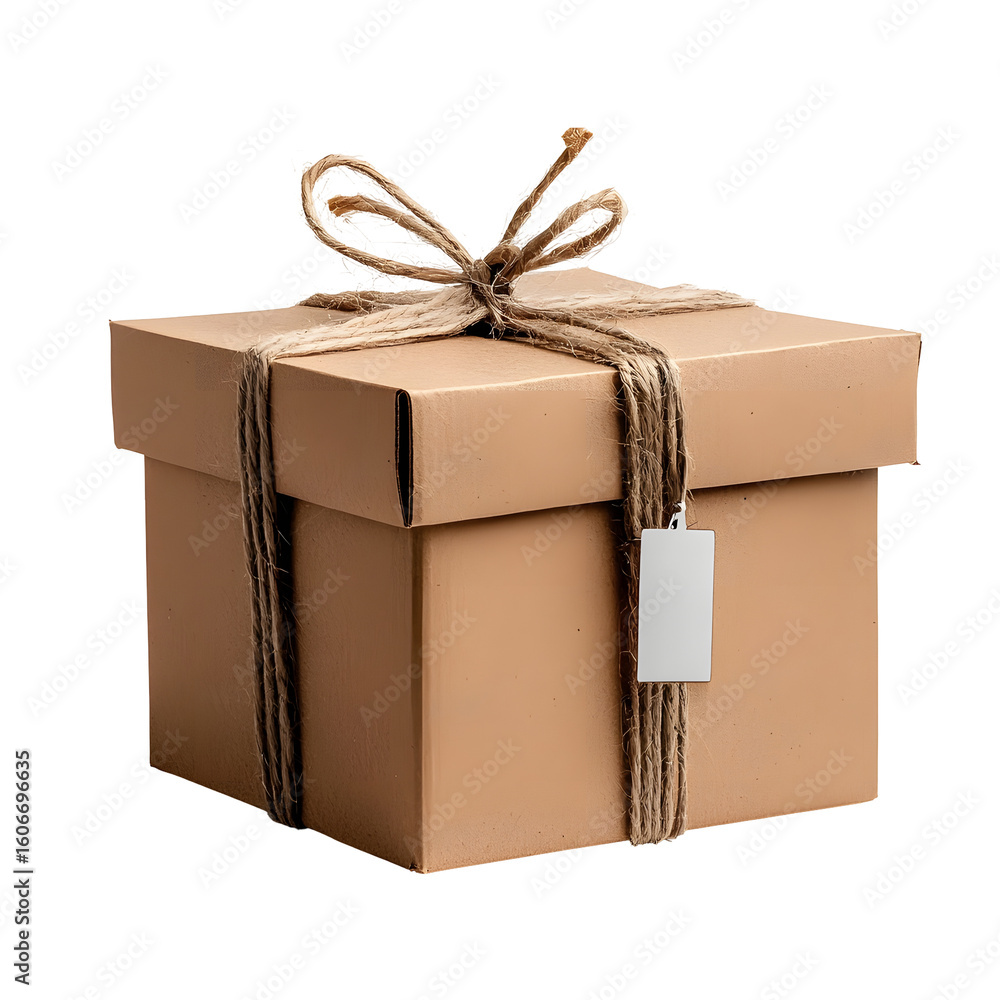 Poster a plain brown cardboard box wrapped with a simple string bow isolated on a white background