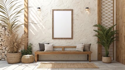 Neutral Lounge with Vertical Frame, Wooden Bench, and Organic Textures