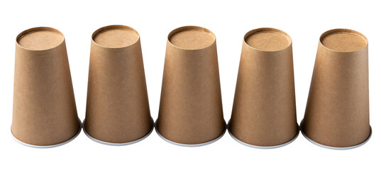 Disposable cardboard biodegradable cups on a white table, gray background.