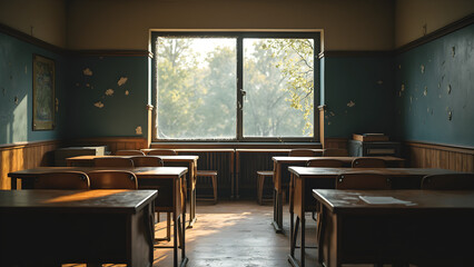 The view through a cracked classroom window. Ultra realistic classroom scenes. Reflections on learning and education. Capturing classroom dynamics creatively.