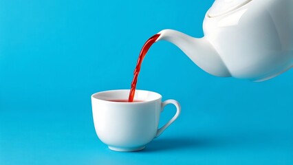 Hot beverage poured from white teapot into white mug against blue background