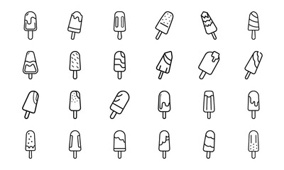 Minimal Line Art Food and Drink Icons – Bread, Hotdog, Ice Cream, Jam Jar, Milk Bottle, Pizza Slice, Mushroom, Popsicle, Chicken, Sandwich, Shrimp, and Beverage in Doodle Style for Menu and Culinary 