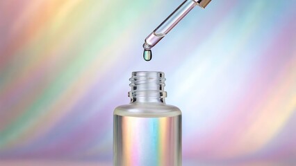 Iridescent serum dropper dispensing liquid into holographic bottle