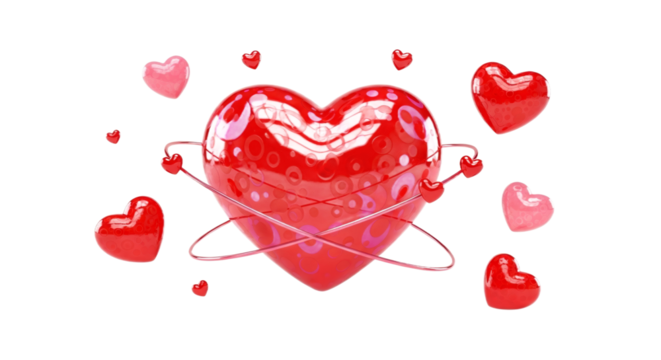 A vibrant, glossy red heart surrounded by smaller hearts, symbolizing love and affection.