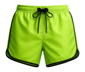 Neon green swim shorts with black piping and adjustable waistband
