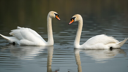 Three graceful swans on a lake. Ultra-realistic nature scenery. Calm reflections in water. Beautiful wildlife photography.