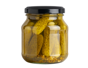 glass jar with pickled cucumbers